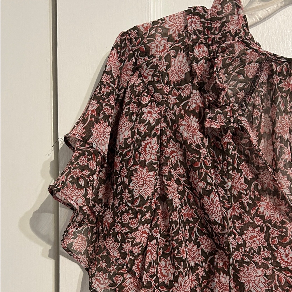 Anthropologie Floral Brown Blouse with Flutter Sleeves Size XL - Picture 3 of 8